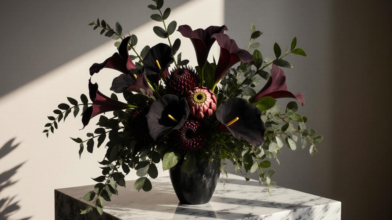 A lush, wild floral arrangement featuring dark proteas and eucalyptus in a luxury studio setting