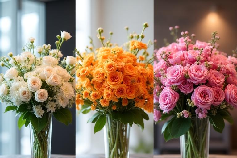 A collection of various floral styles from minimalist white calla lilies to vibrant tropical orchids in office settings
